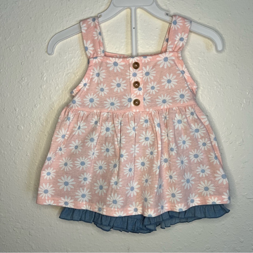 Girls Two-Piece Knit Tank & Skirt Set with Pink Daisy Top and Blue Shorts - Picture 6 of 15